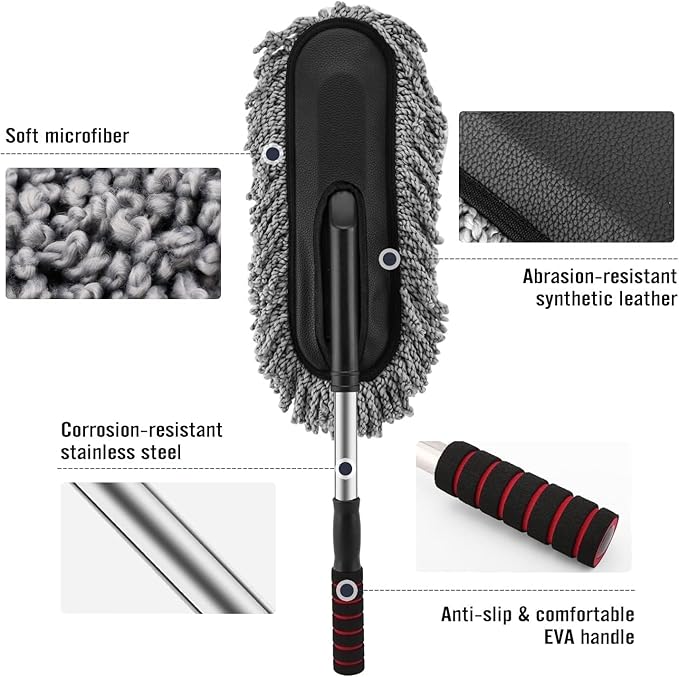Microfiber Car Cleaning Duster Set of 2 with Extendable Handle & Mini Dashboard Brush | Soft Dust Remover for Car Interior & Exterior