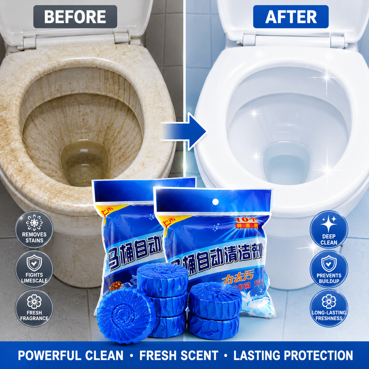 Automatic Toilet Bowl Cleaner Tablets | Long-Lasting Blue Toilet Cleaning Block for Stain, Odor & Germ Protection Pack Of 10