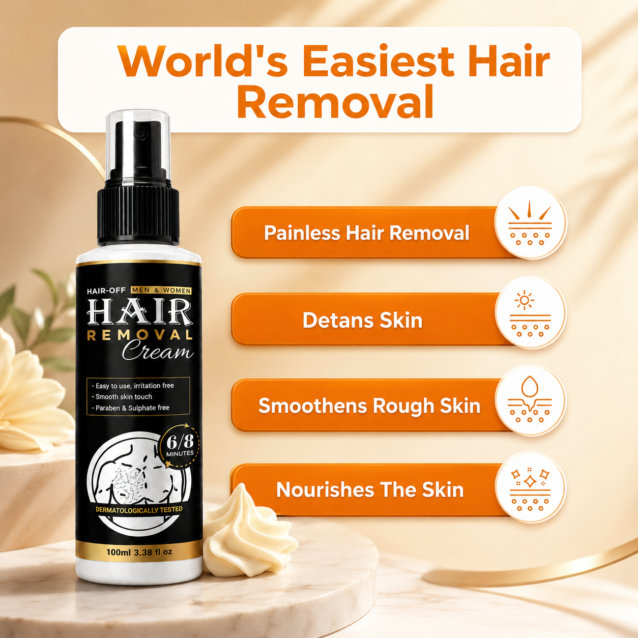 Buy 1 Get 1 Free - Hair-Off Unisex Hair Removal Cream for Men & Women | Fast Acting & Gentle Hair Remover Cream | Smooth Skin Care, 100 ml