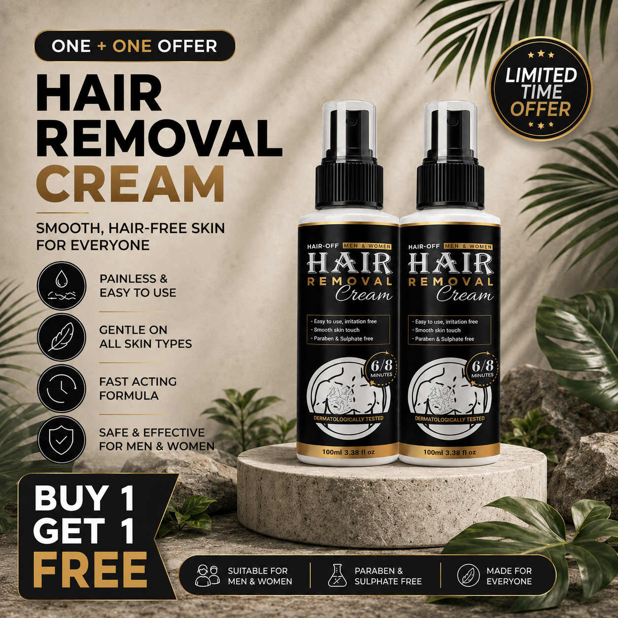 Buy 1 Get 1 Free - Hair-Off Unisex Hair Removal Cream for Men & Women | Fast Acting & Gentle Hair Remover Cream | Smooth Skin Care, 100 ml