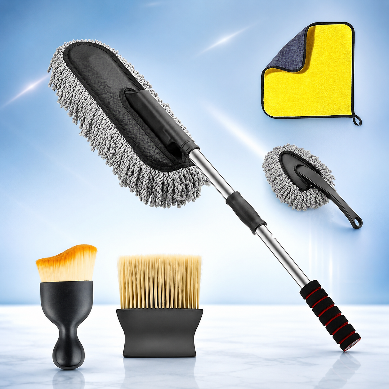 5 Pcs Car Cleaning Duster Kit with Extendable Handle, Microfiber Cloth & Detailing Brushes | Interior Exterior Dust Cleaning Set for Car, Bike & Home