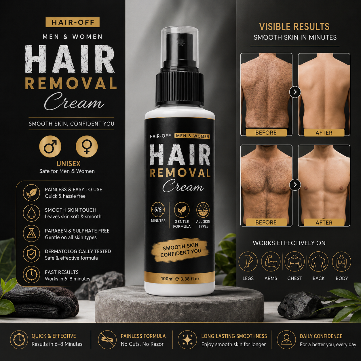 Buy 1 Get 1 Free - Hair-Off Unisex Hair Removal Cream for Men & Women | Fast Acting & Gentle Hair Remover Cream | Smooth Skin Care, 100 ml
