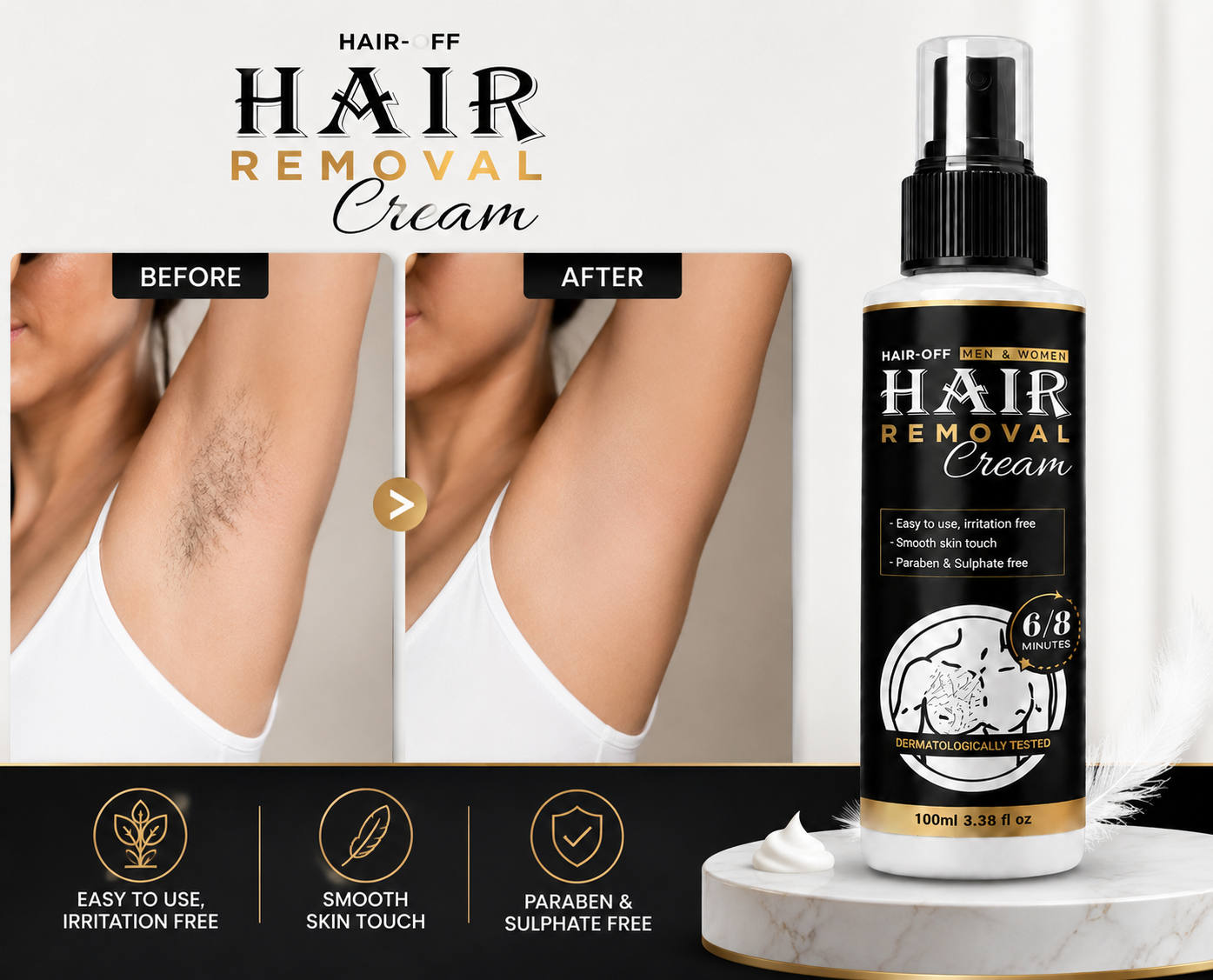 Buy 1 Get 1 Free - Hair-Off Unisex Hair Removal Cream for Men & Women | Fast Acting & Gentle Hair Remover Cream | Smooth Skin Care, 100 ml