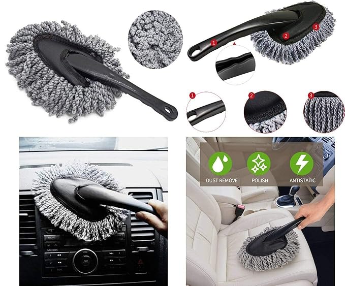 Microfiber Car Cleaning Duster Set of 2 with Extendable Handle & Mini Dashboard Brush | Soft Dust Remover for Car Interior & Exterior