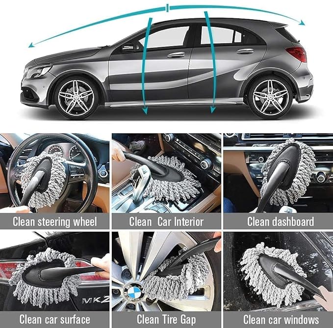 Microfiber Car Cleaning Duster Set of 2 with Extendable Handle & Mini Dashboard Brush | Soft Dust Remover for Car Interior & Exterior